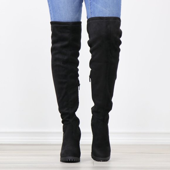 Black Faux Suede Round Toe Thigh High Over The Knee Block Lug High Heel Boots - Picture 10 of 13